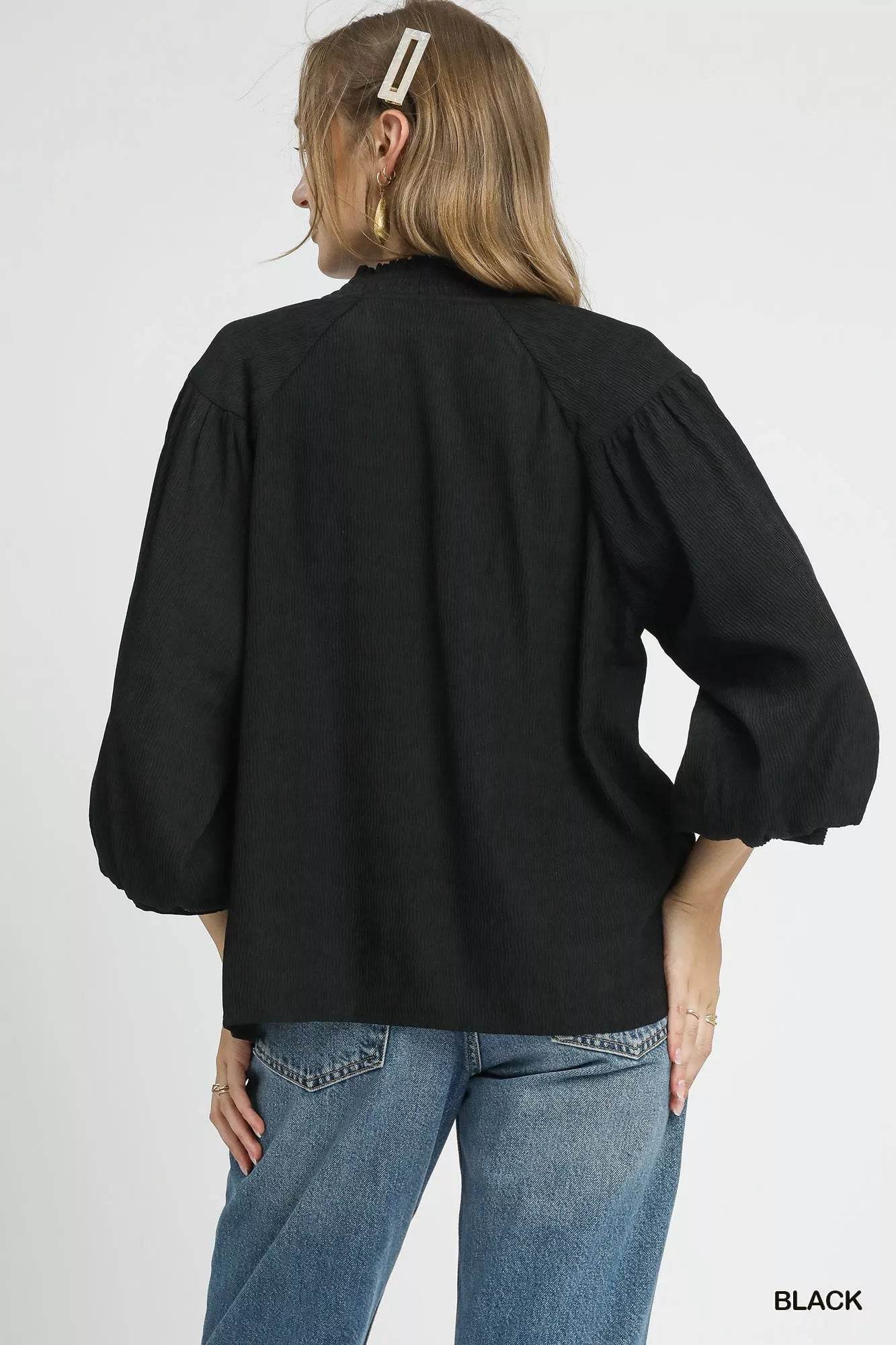 Umgee Textured V-Neck Blouse with Balloon Sleeves - ELY VESSA LLC