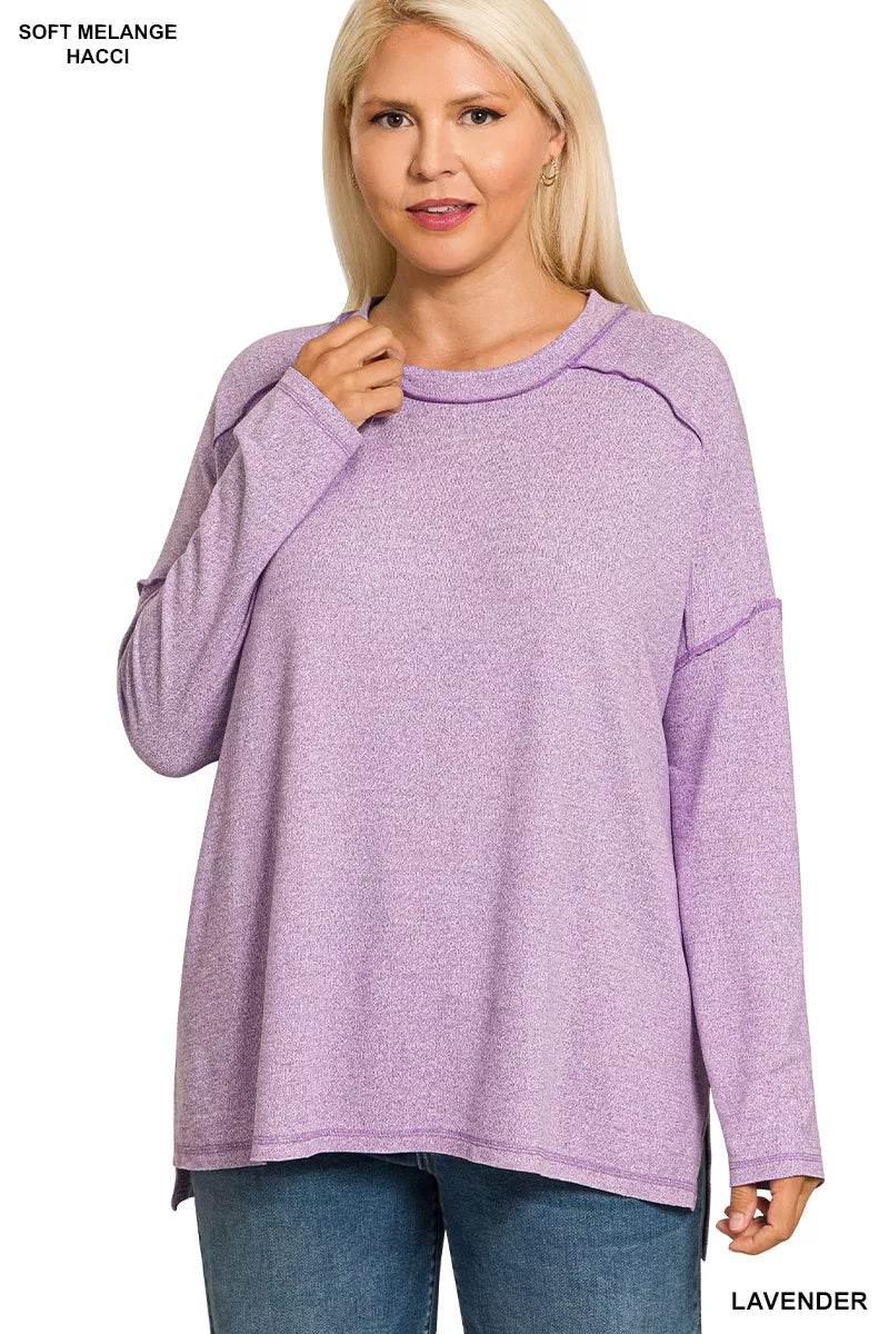Zenana Full Size Melange Hacci Exposed Seam Hi-low Tee Plus Size - ELY VESSA LLC