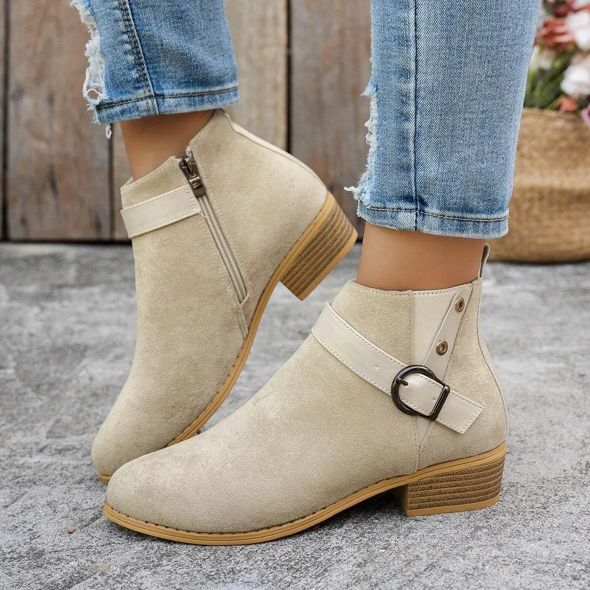 Buckle Block Heels Boots - ELY VESSA LLC