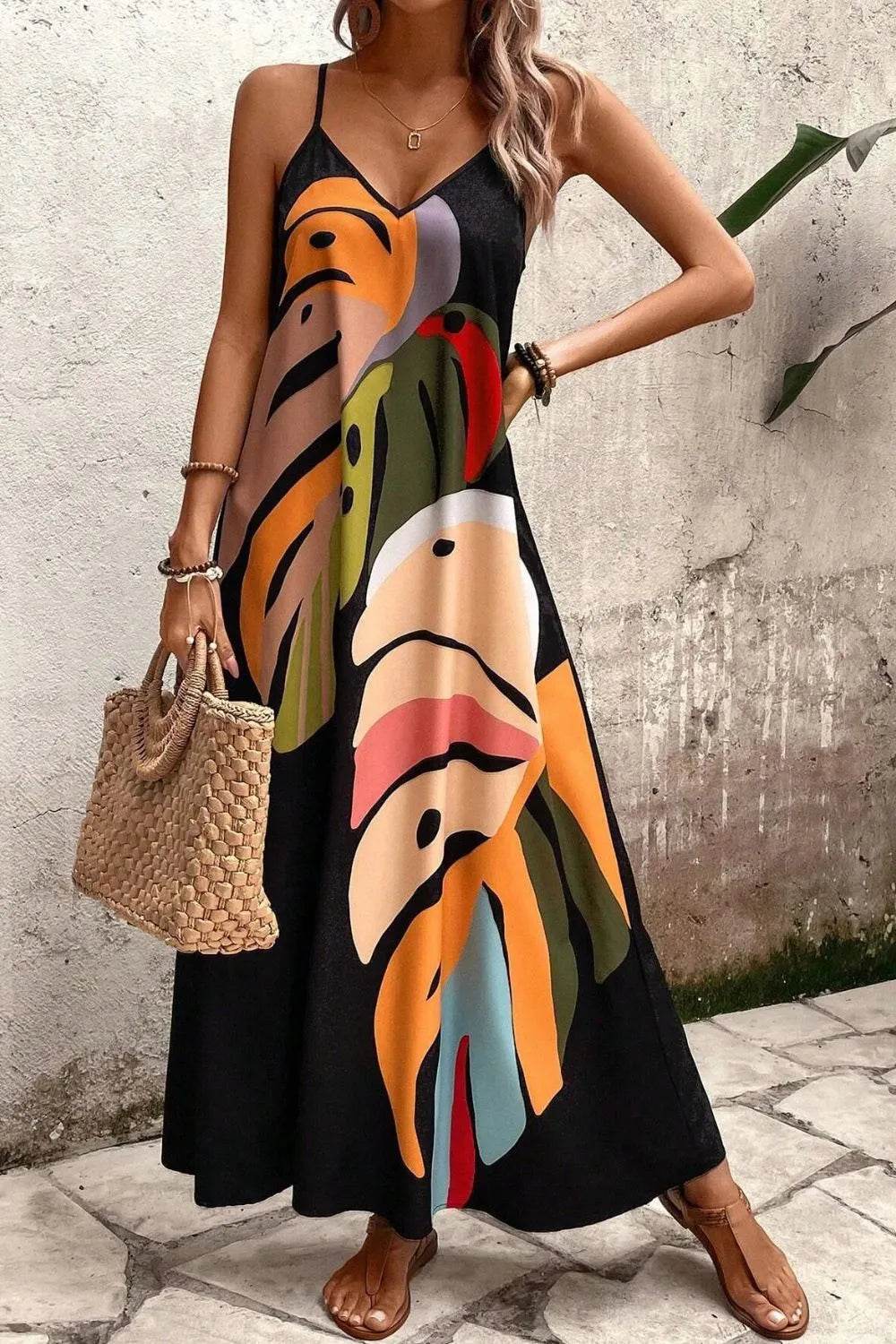 Tropical Leaf Print V-Neck Maxi Cami Dress - ELY VESSA LLC