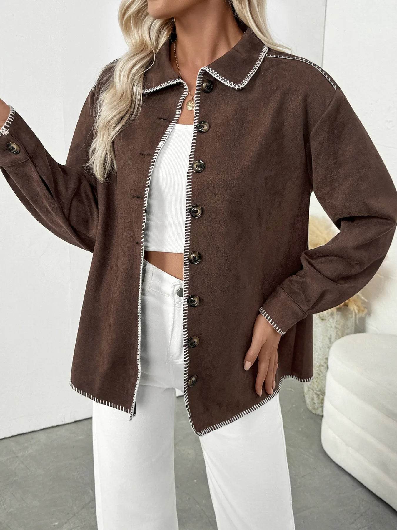 Button Up Contrast Trim Jacket - ELY VESSA LLC