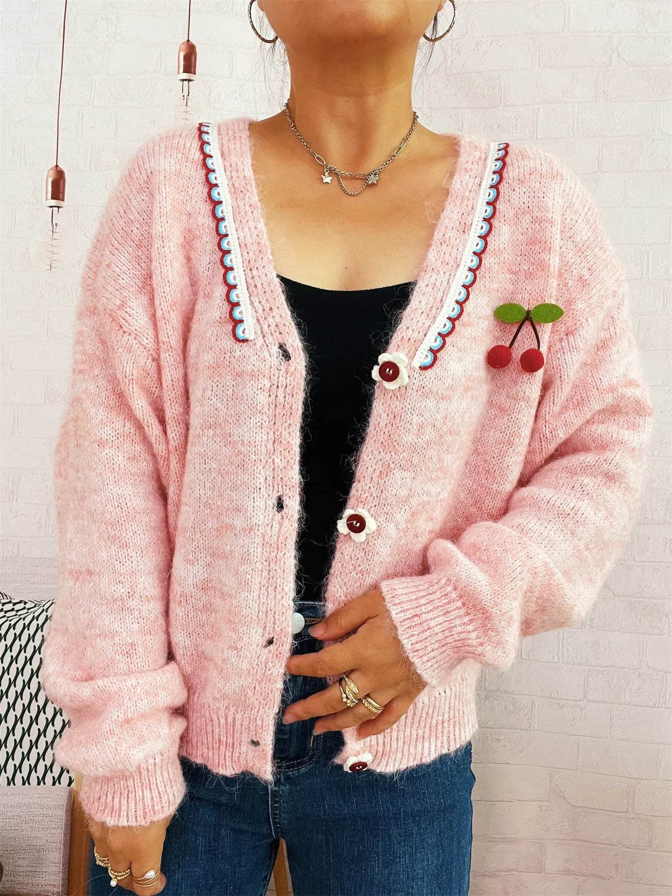 Cherry Button-Front Long Sleeve Cardigan - ELY VESSA LLC