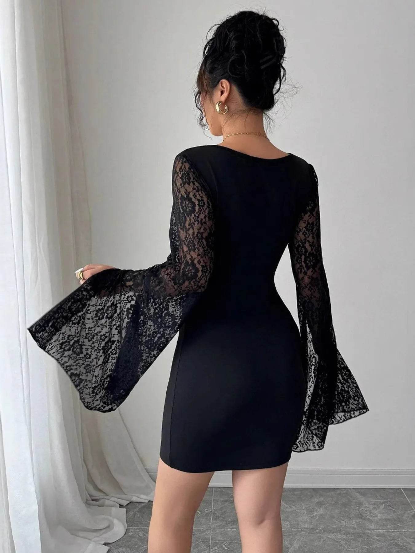 Square Neck Lace Bell Sleeve Bodycon Dress - ELY VESSA LLC