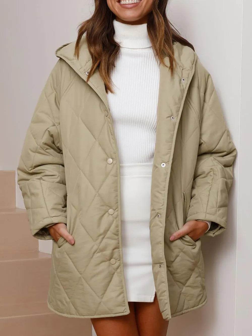 Slit Snap Down Long Sleeve Hooded Jacket - ELY VESSA LLC