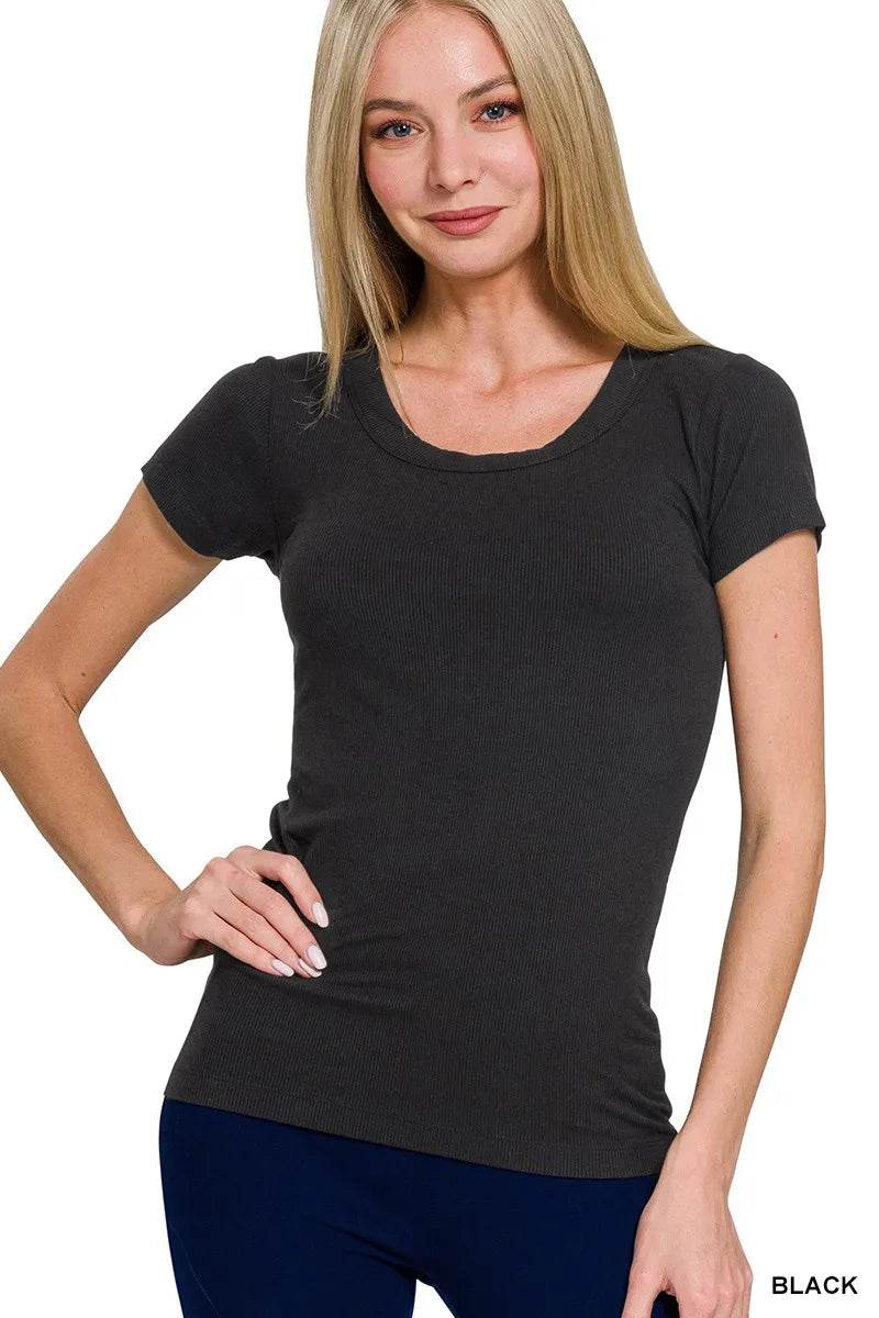 Zenana Ribbed Round Neck Short Sleeve T-Shirt - ELY VESSA LLC