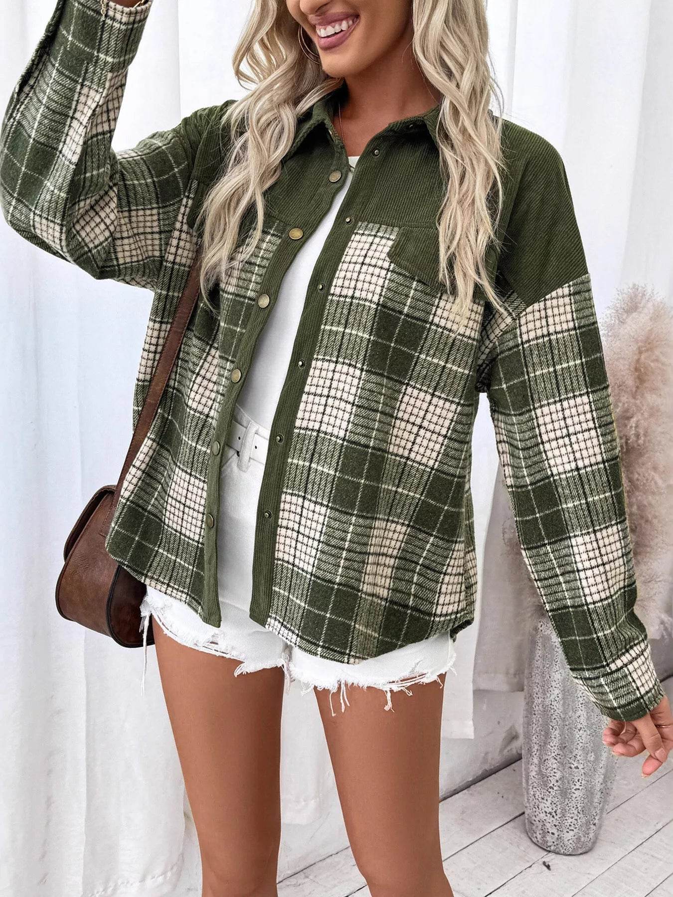Plaid Button Up Long Sleeve Shacket - ELY VESSA LLC
