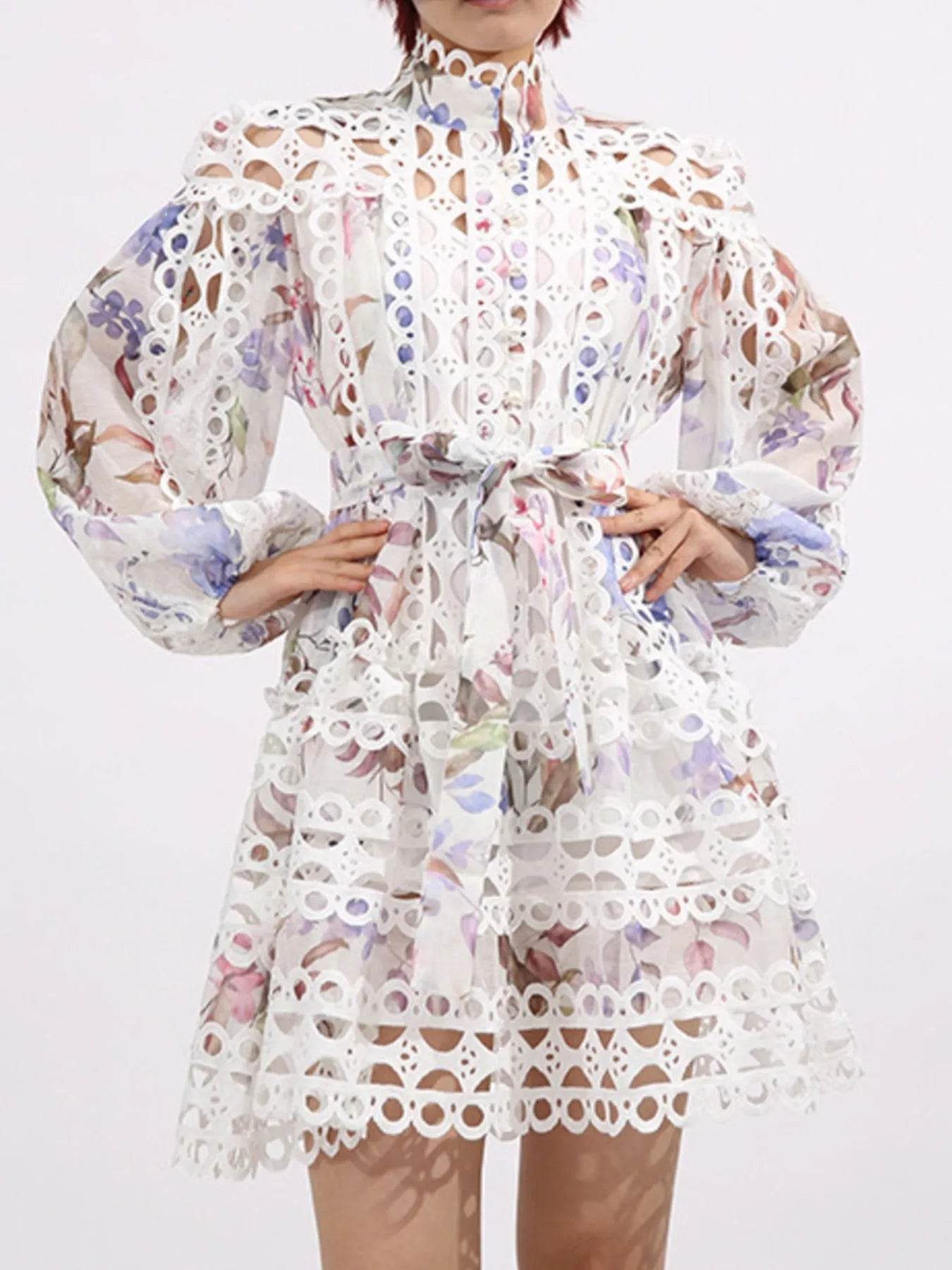 Lace Eyelet Mini Dress with Balloon Sleeves - ELY VESSA LLC