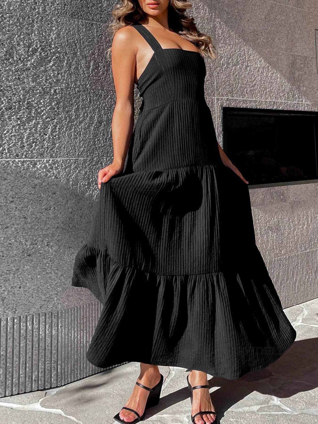 Square Neck Tiered Maxi Dress - ELY VESSA LLC