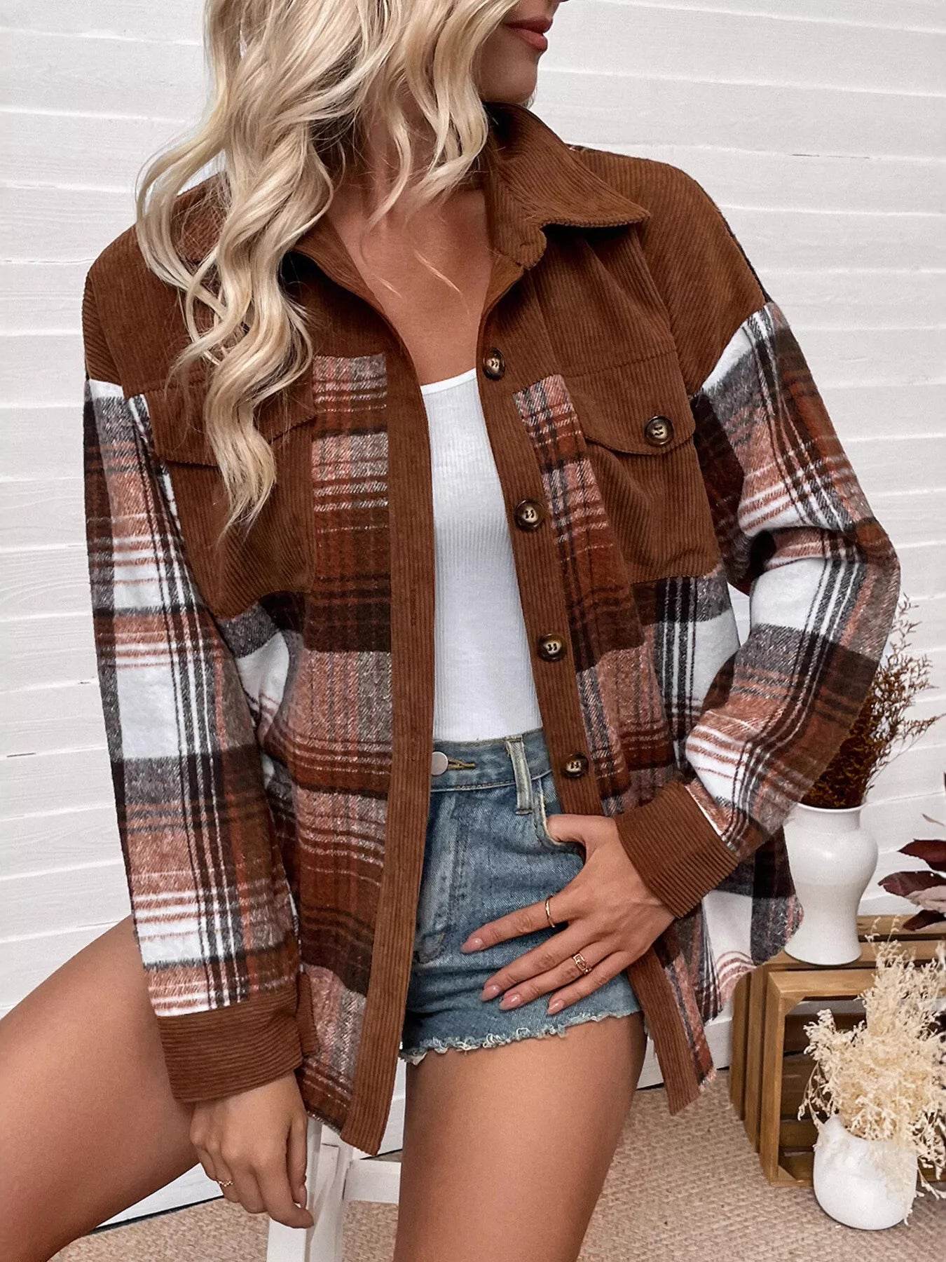 Plaid Button-Up Shacket with Chest Pockets - ELY VESSA LLC