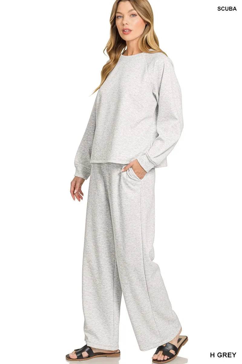 Zenana Scuba Crewneck Sweatshirt and Pants Set - ELY VESSA LLC