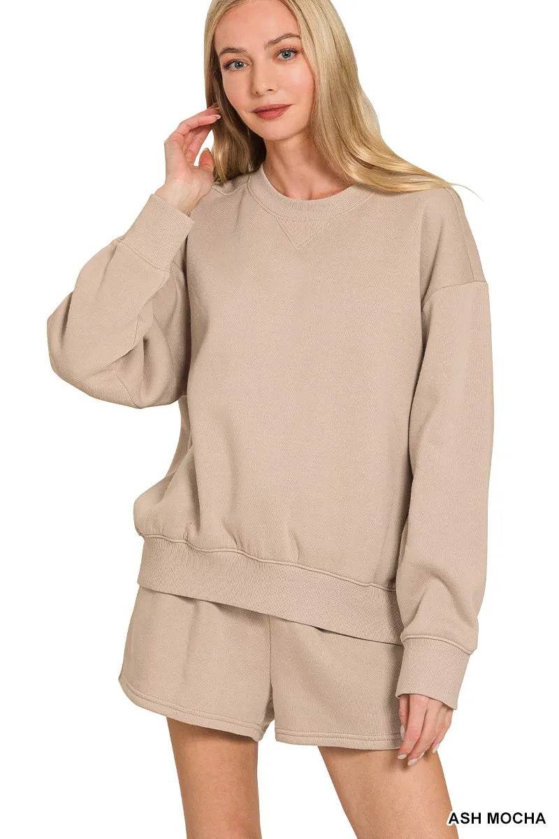 Zenana Fleece Long Sleeve Sweatshirts & Shorts Set - ELY VESSA LLC