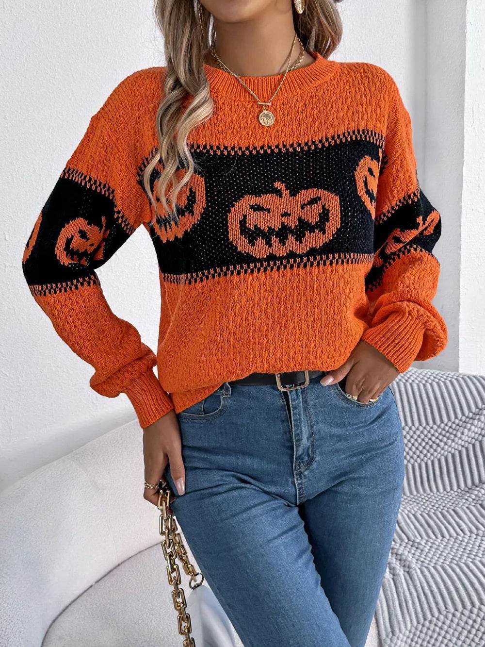 Pumpkin Round Neck Long Sleeve Sweater - ELY VESSA LLC