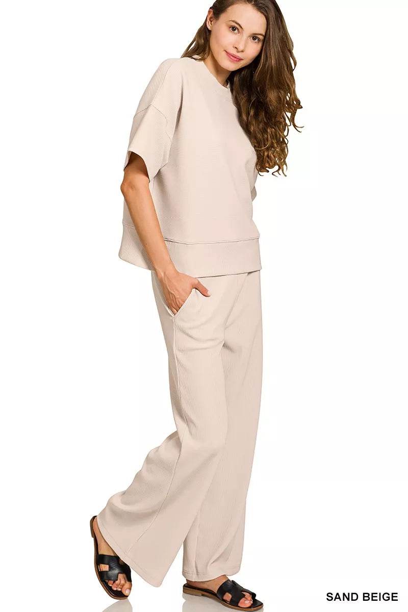 Zenana Ribbed Round Neck Tee & Pants Set - ELY VESSA LLC