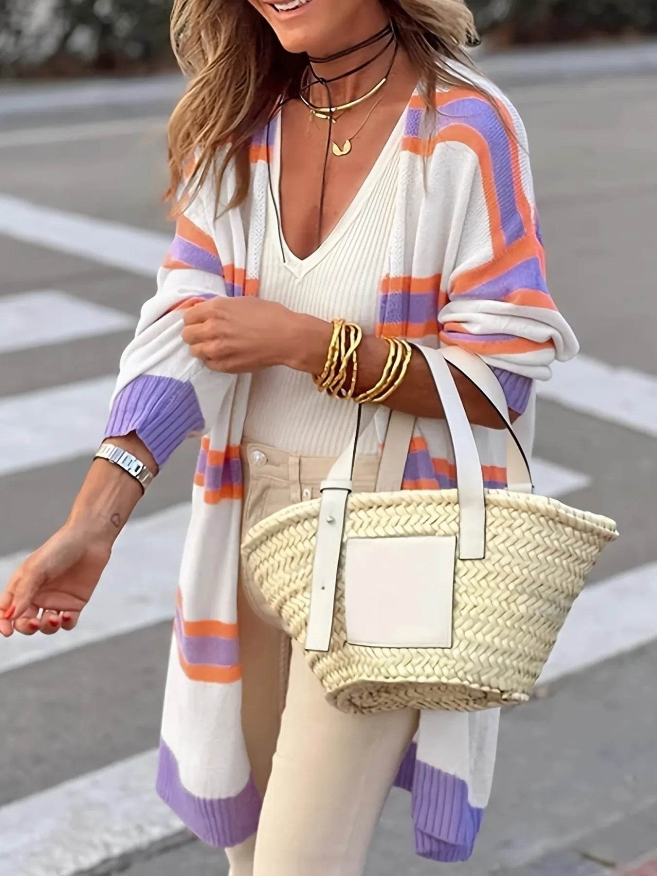 Striped Open Front Longline Cardigan - ELY VESSA LLC