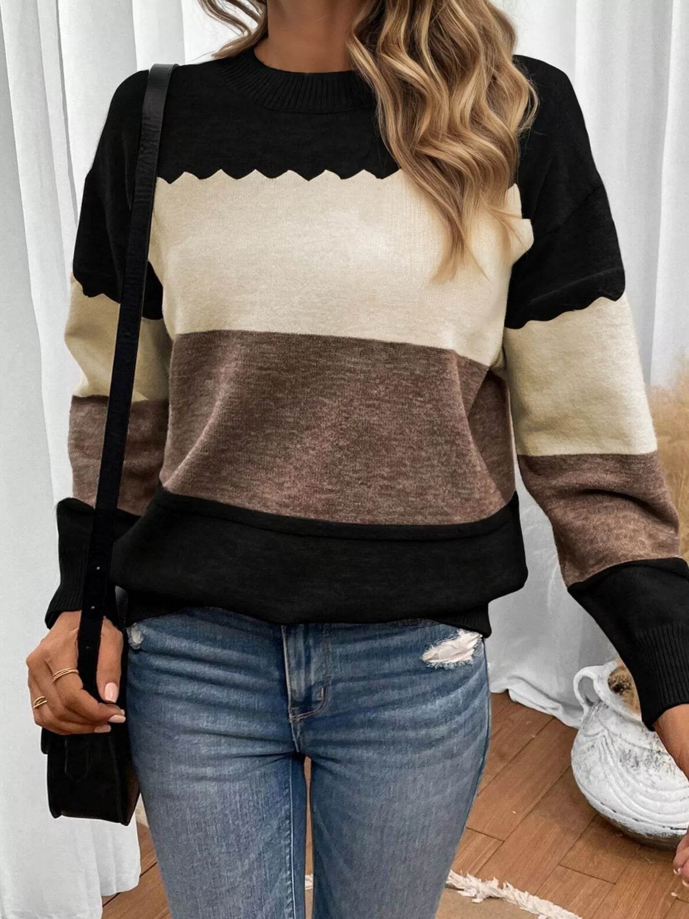 Color Block Crew Neck Drop Shoulder Sweater - ELY VESSA LLC