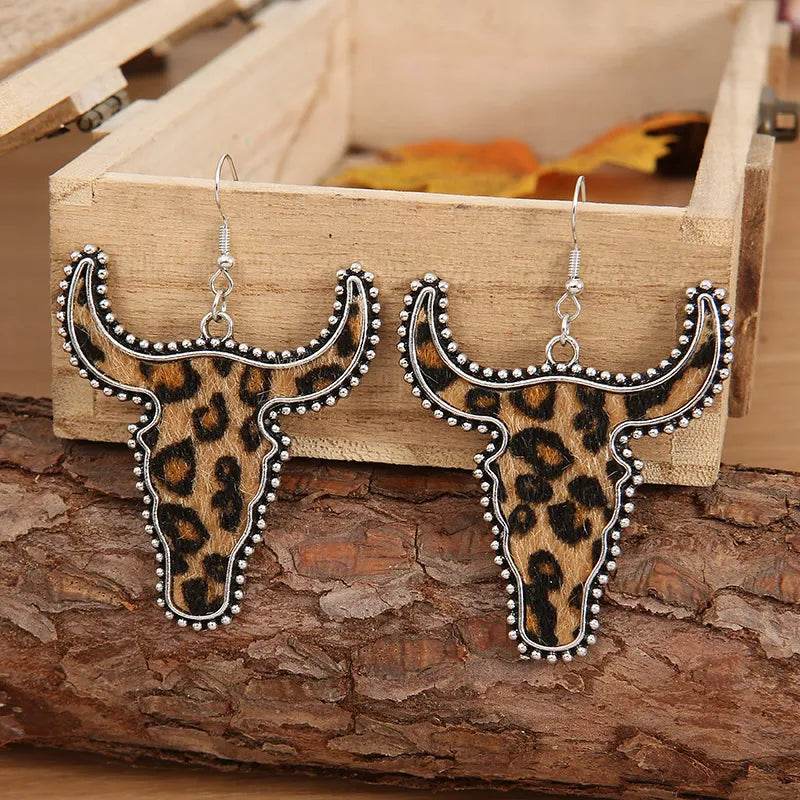 Alloy Animal Print Cow Head Earrings - ELY VESSA LLC
