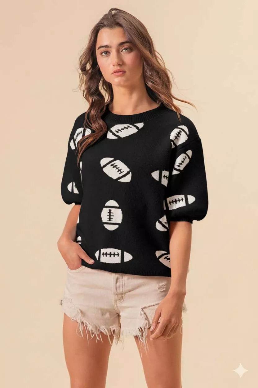 BiBi Football Pattern Short Sleeve Sweater - ELY VESSA LLC