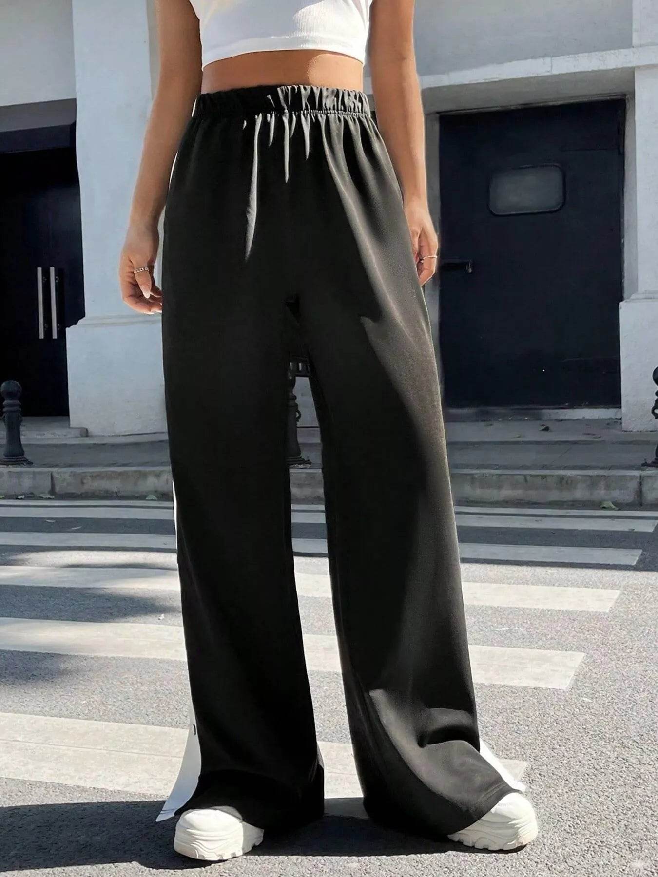 Two-Tone Side Snap Wide Leg Pants - ELY VESSA LLC