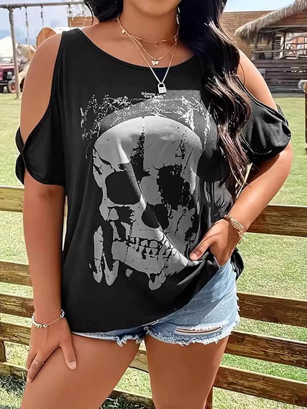 Plus Size Skeleton Graphic Round Neck Cold Shoulder T-Shirt - ELY VESSA LLC