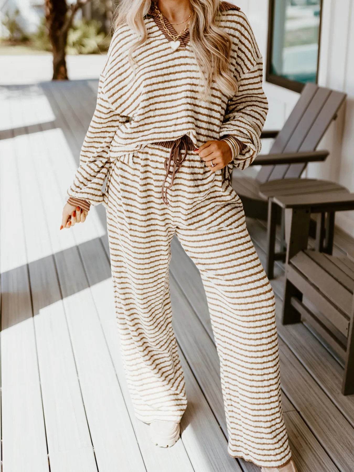 Stripe Collared Top and Drawstring Pant Set - ELY VESSA LLC