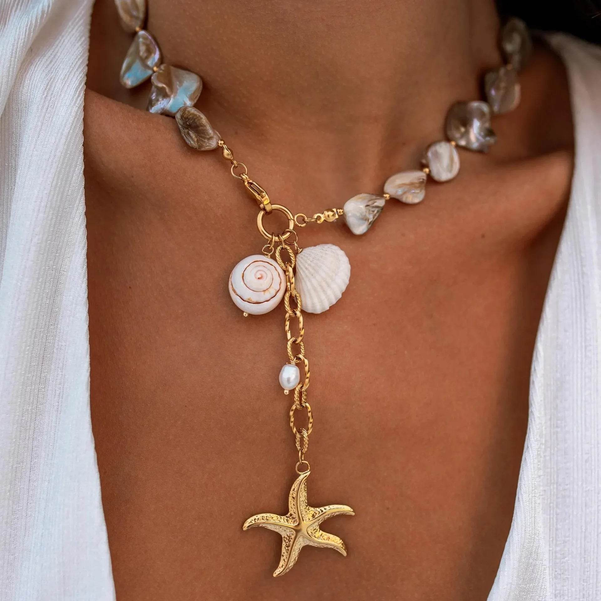 18K Gold-Plated Ocean Theme Necklace with Starfish Pendant - ELY VESSA LLC