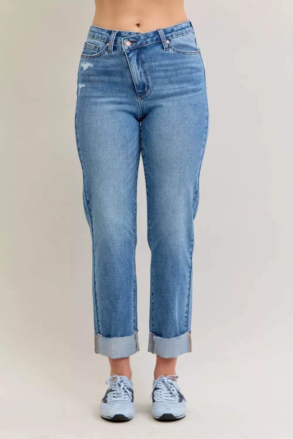 Judy Blue High Waist Bf Criss-cross Mild Destroy Jeans with Single Cuff - ELY VESSA LLC