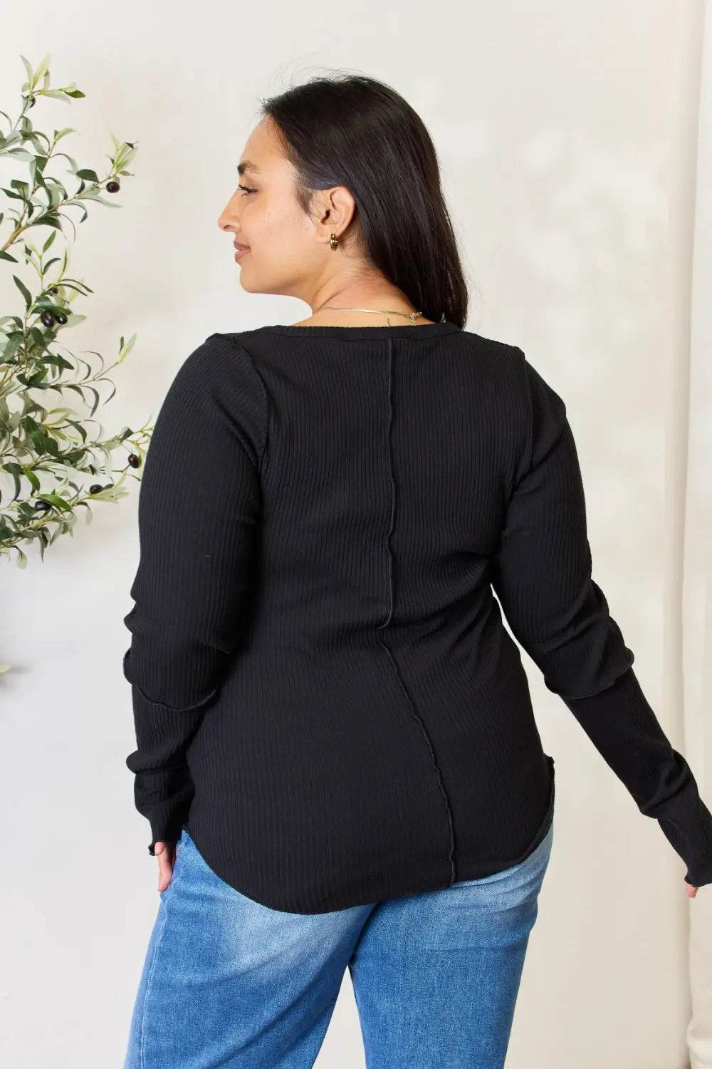 Culture Code Full Size Ribbed Round Neck Long Sleeve Top - ELY VESSA LLC