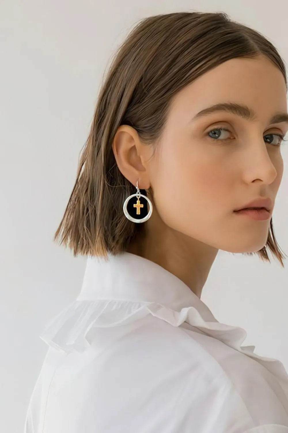 Brass Contrast Cross Dangle Earrings - ELY VESSA LLC