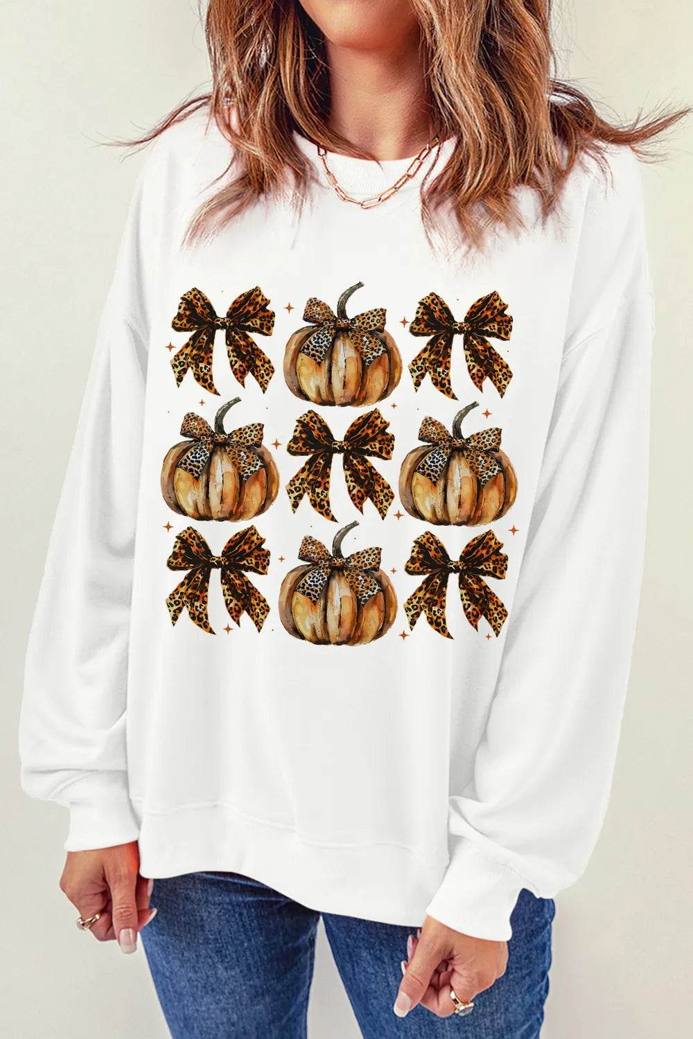 Pumpkin & Bow Graphic Long Sleeve Sweatshirt - ELY VESSA LLC