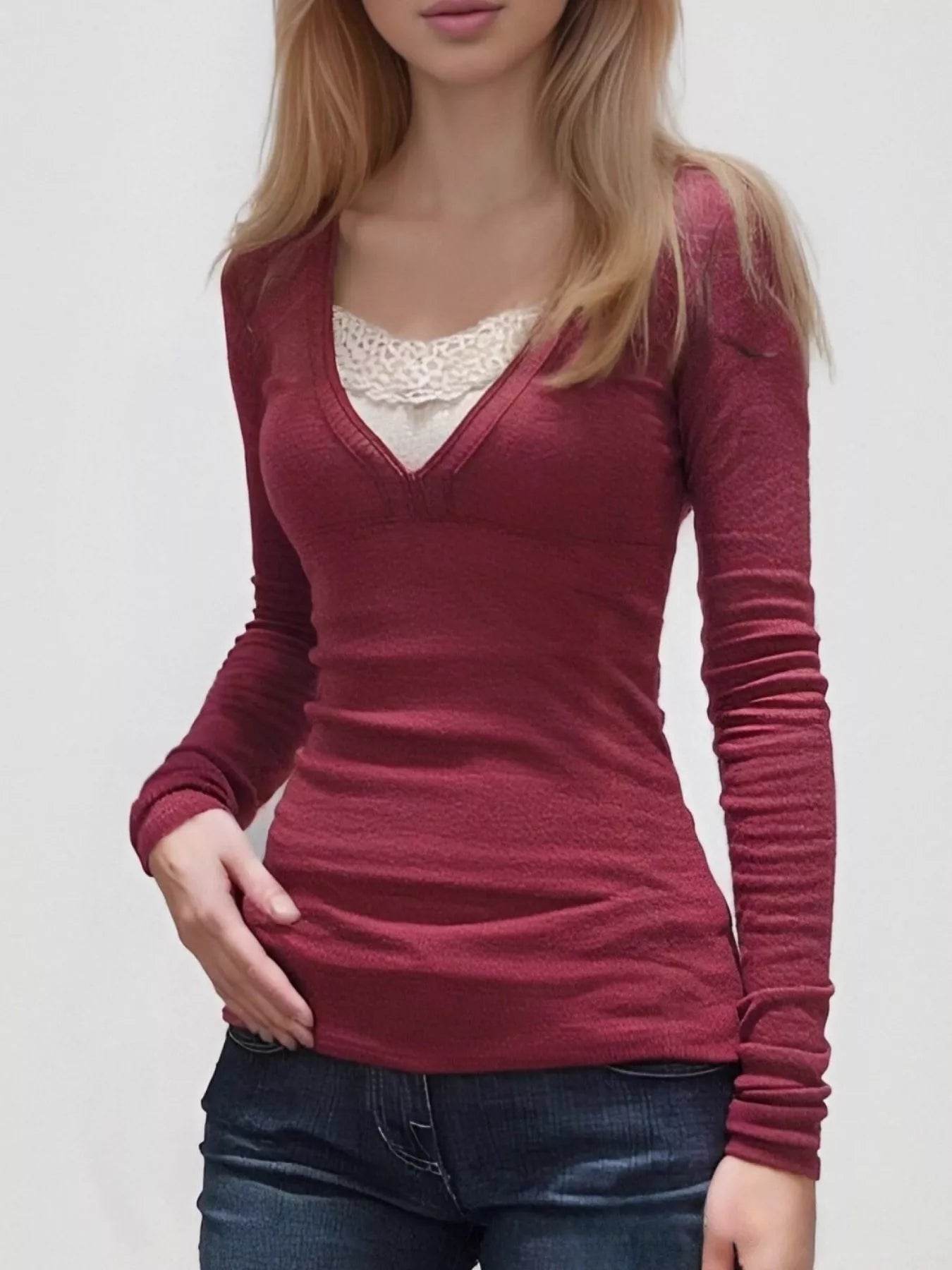 Lace Detail Long Sleeve T-Shirt - ELY VESSA LLC