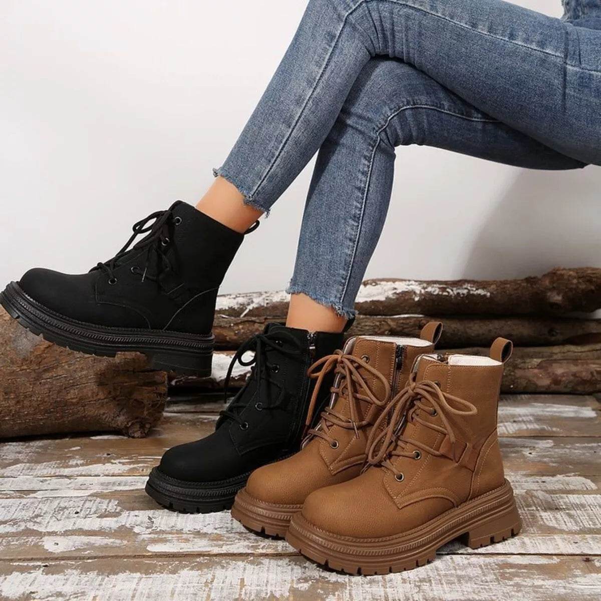 Round Toe Lace Up Platform Boots - ELY VESSA LLC