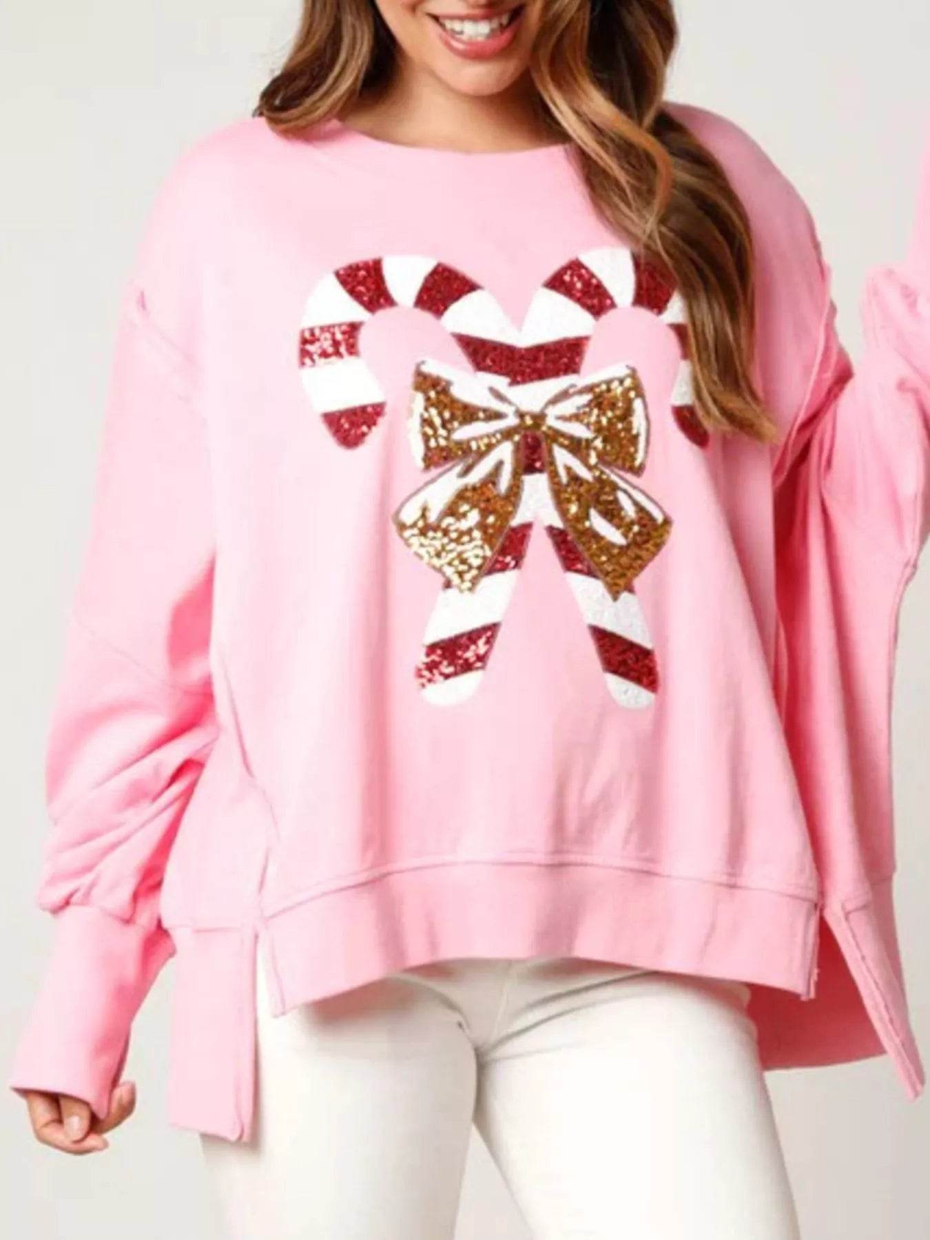 Christmas Candy Cane Bow Dropped Shoulder Sweatshirt - ELY VESSA LLC