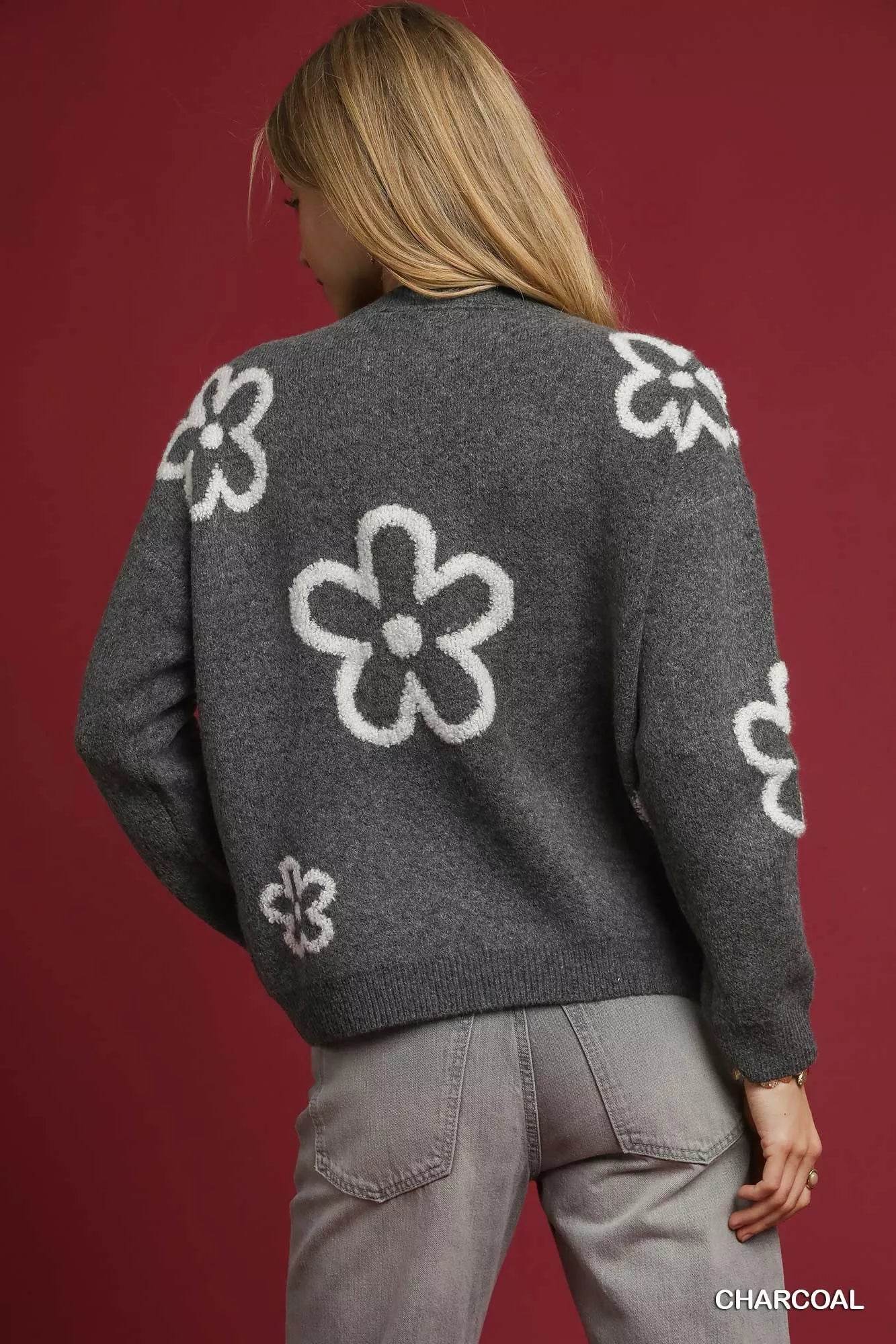 Umgee Round Neck Sweater with Pink Floral Accents - ELY VESSA LLC