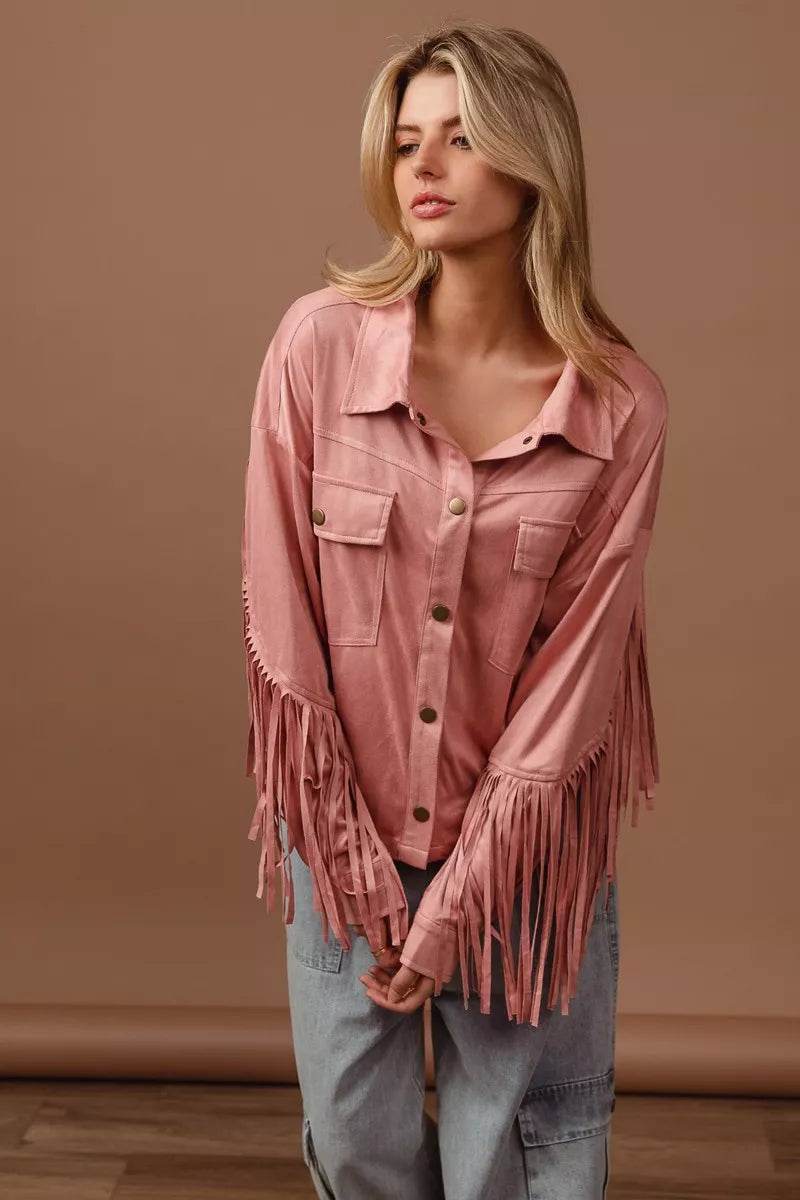 BiBi Suede Fringe Long Sleeve Jacket - ELY VESSA LLC