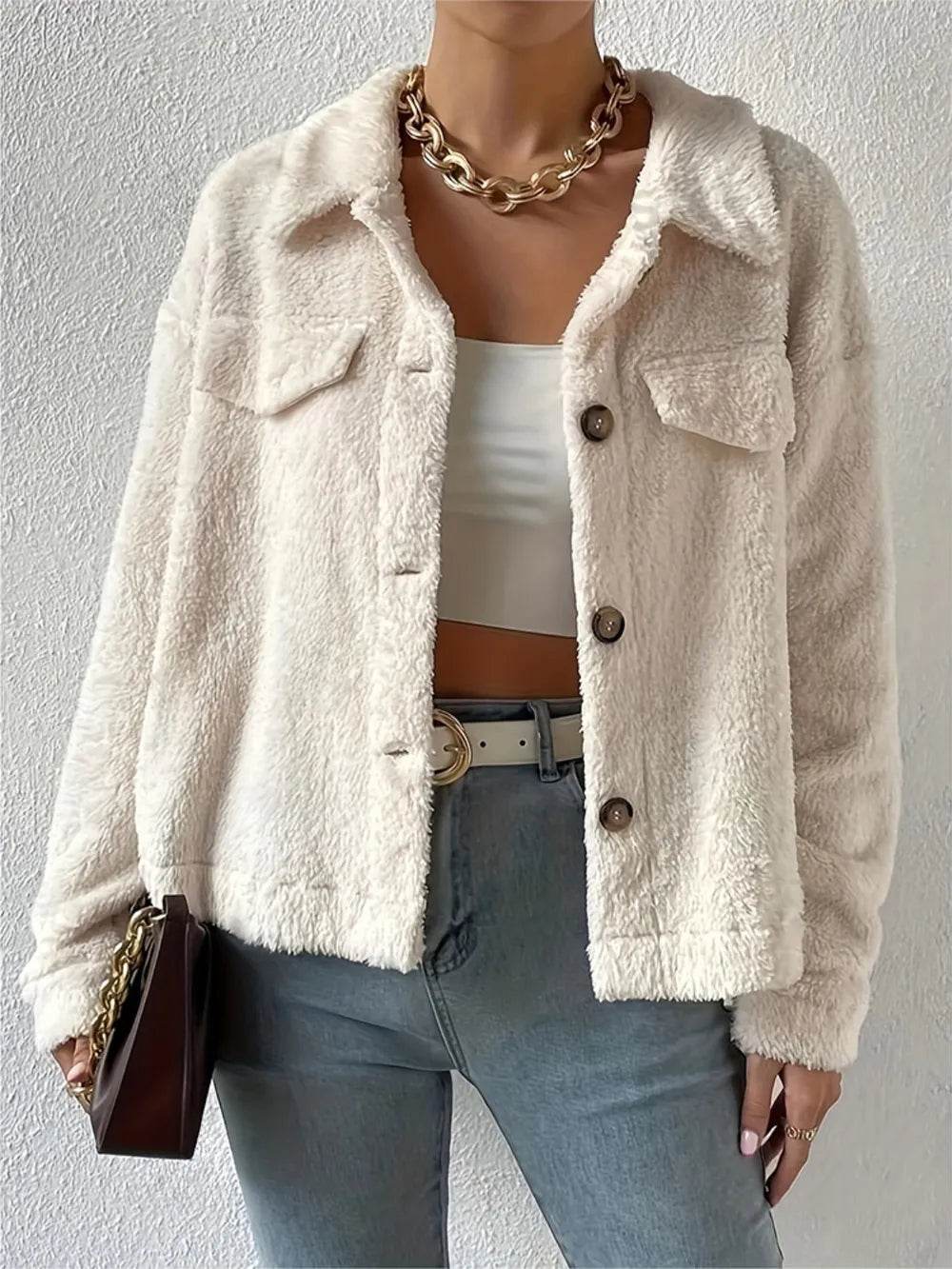 Collared Neck Button Up Jacket with Decorative Pocket Flaps - ELY VESSA LLC