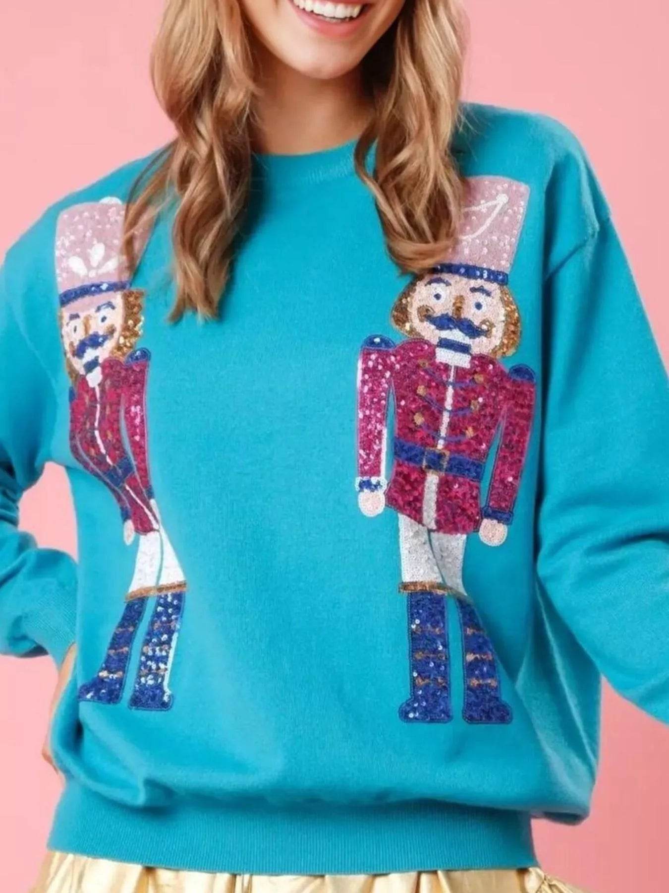 Christmas Sequin Nutcracker Dropped Shoulder Sweatshirt - ELY VESSA LLC