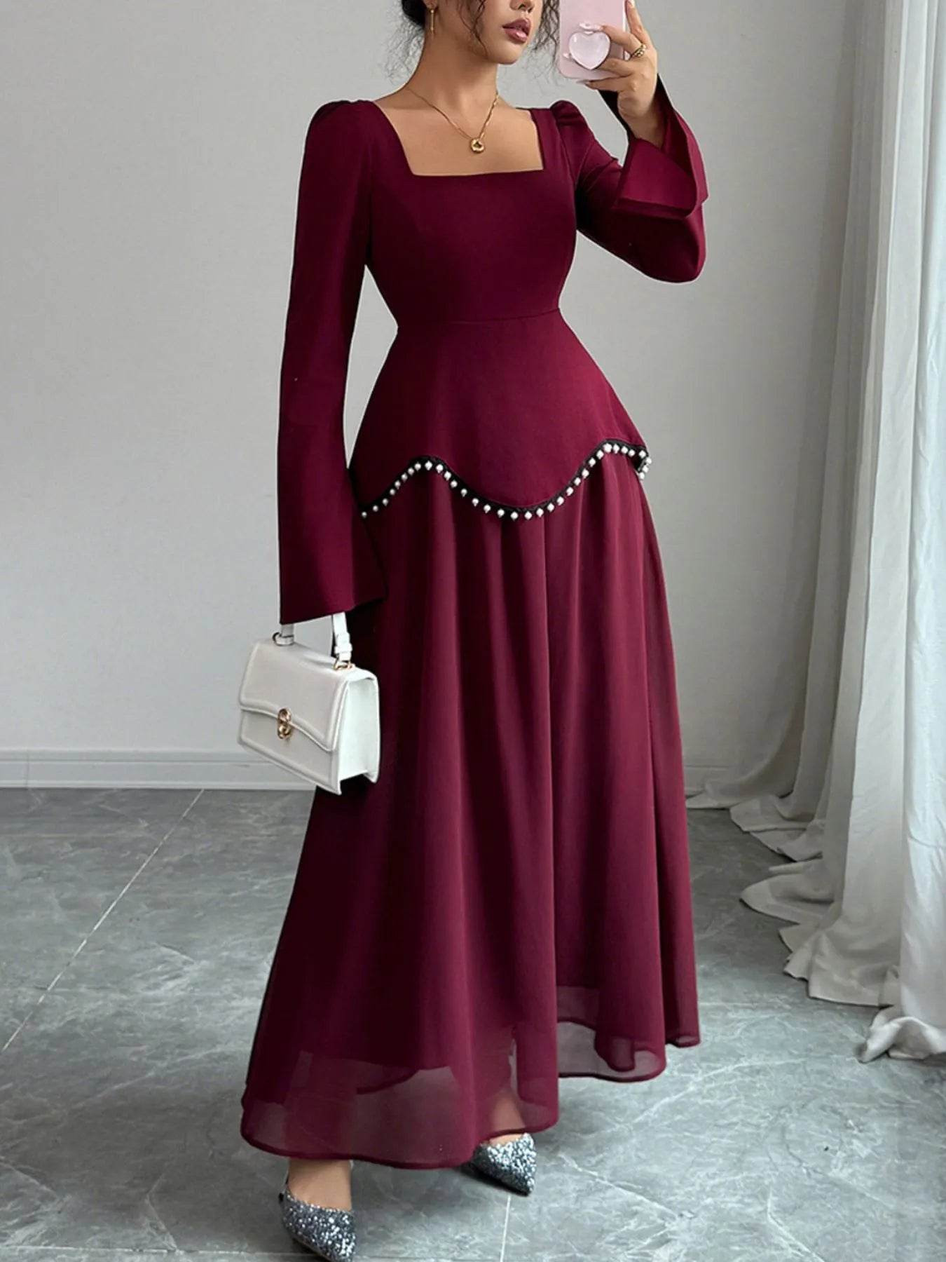 Square Neck Long Sleeve Maxi Dress - ELY VESSA LLC