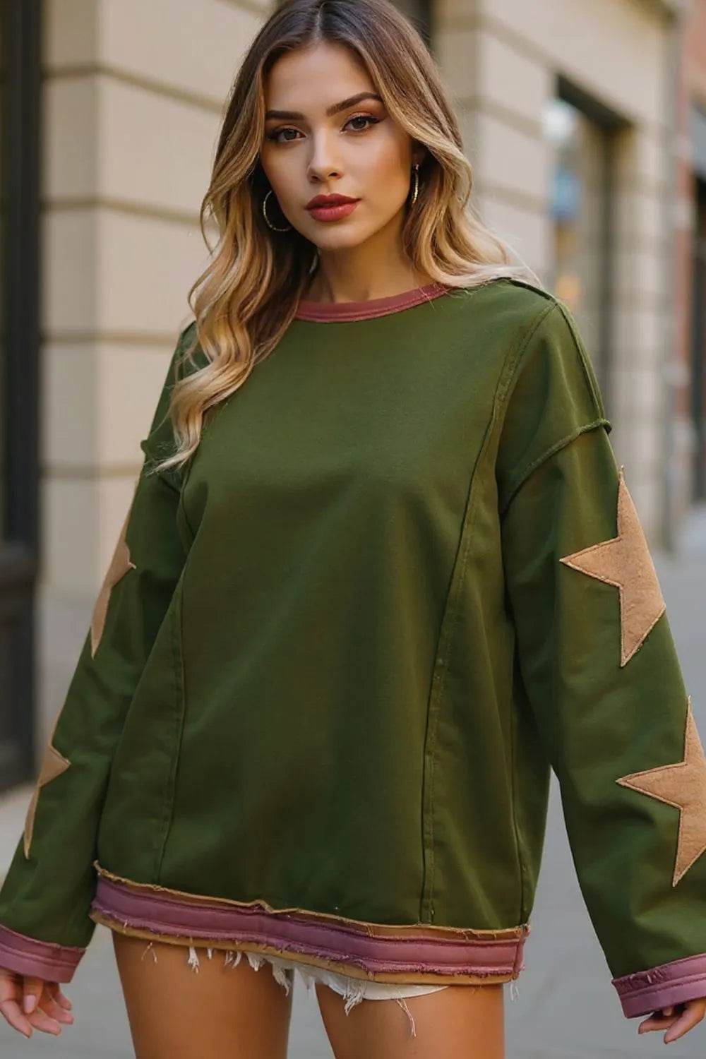 Double Take Star Patched Long Sleeve Sweatshirt - ELY VESSA LLC