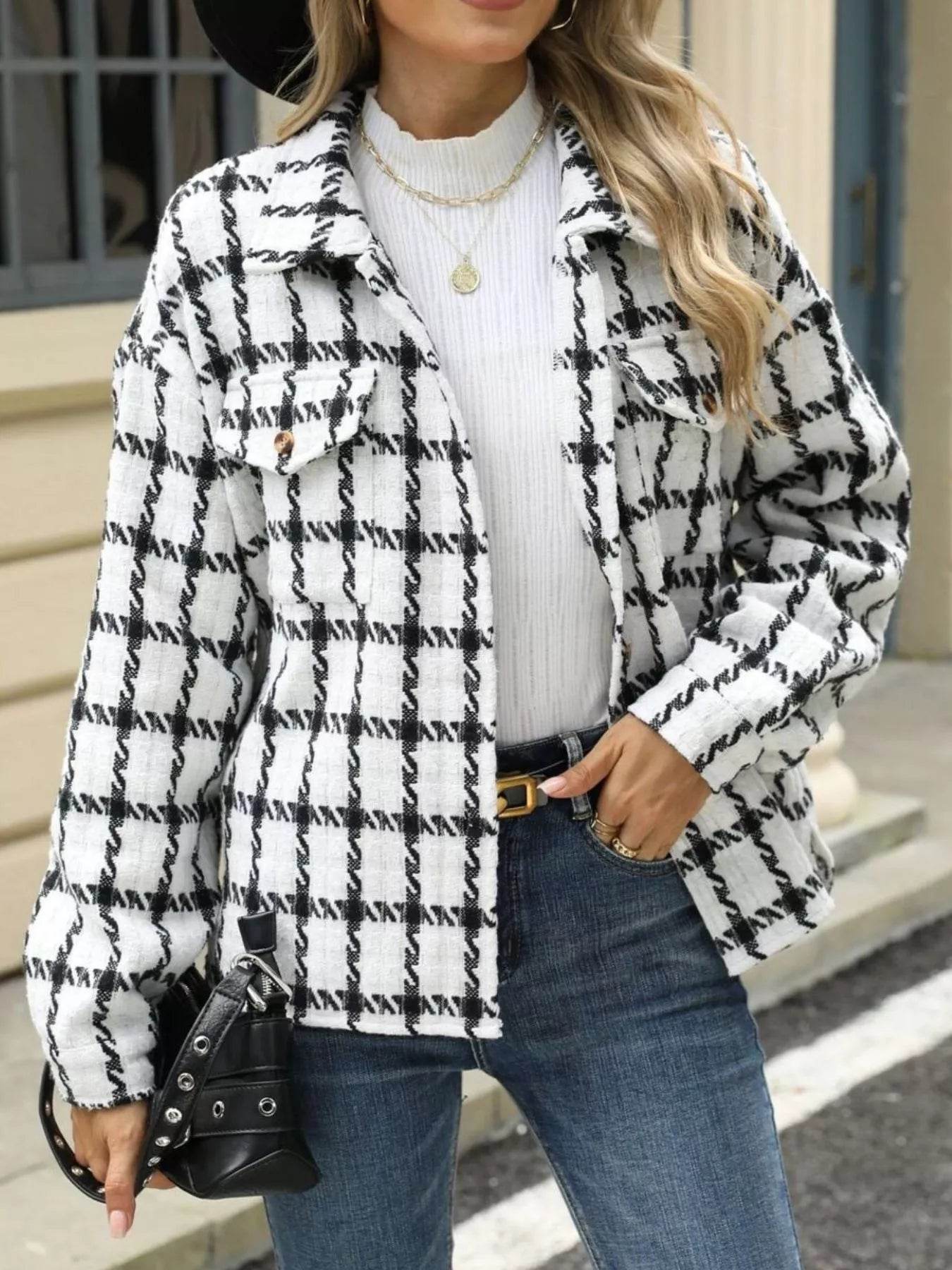 Plaid Button Up Long Sleeve Jacket - ELY VESSA LLC
