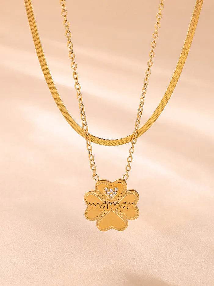 2 Piece 18K Gold-Plated Inlaid Zircon Lucky Clover Necklace - ELY VESSA LLC