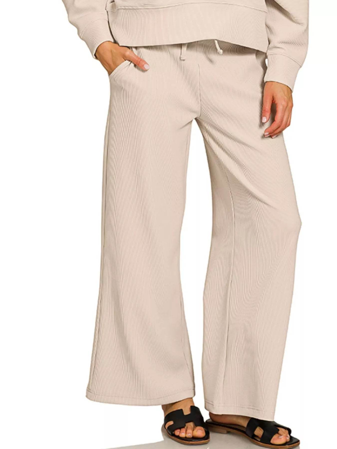Zenana Ribbed Round Neck Pullover and Drawstring Pants Set - ELY VESSA LLC