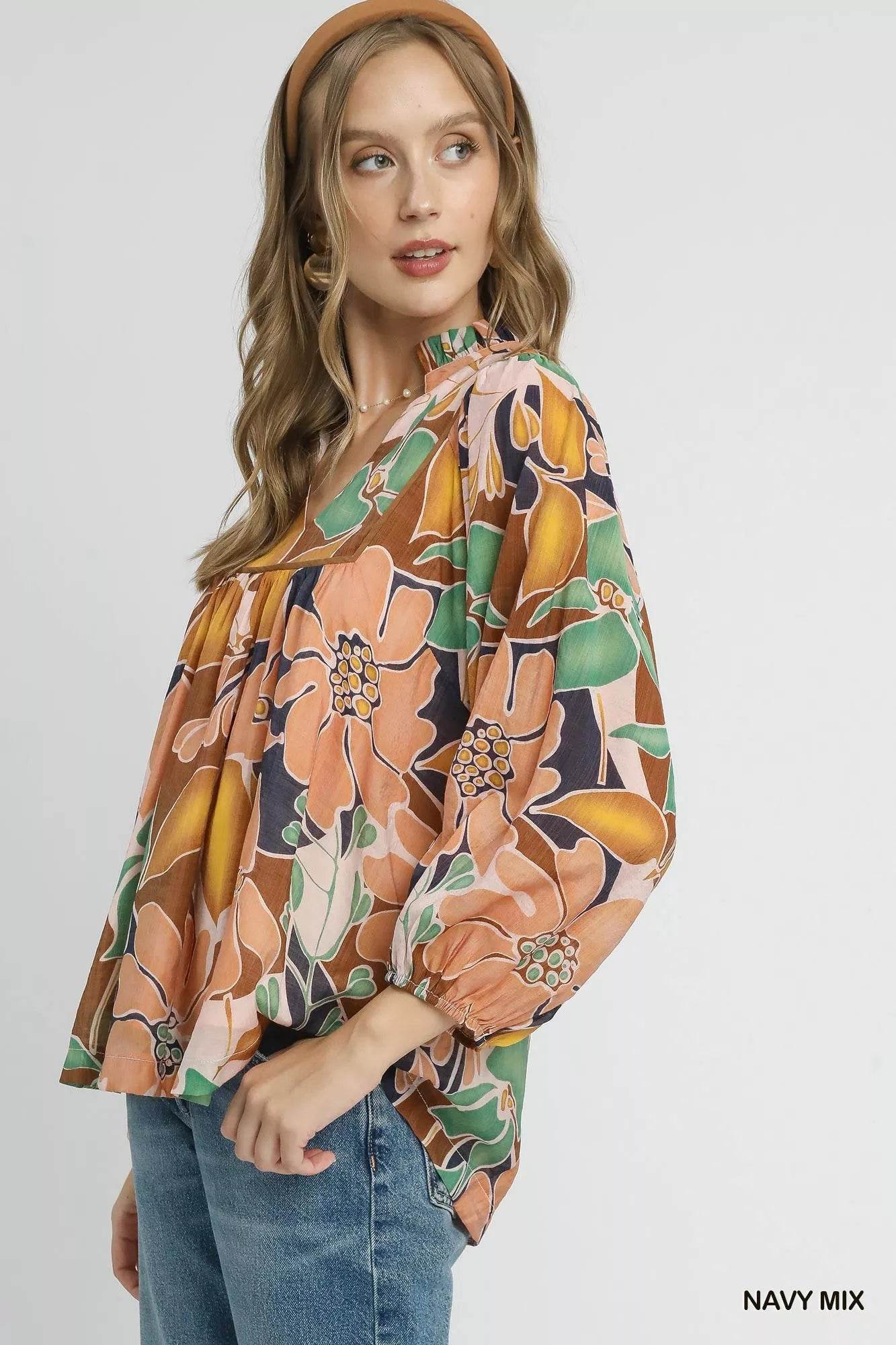 Umgee Multicolor Abstract Floral Print Blouse with Ruffle Neck - ELY VESSA LLC