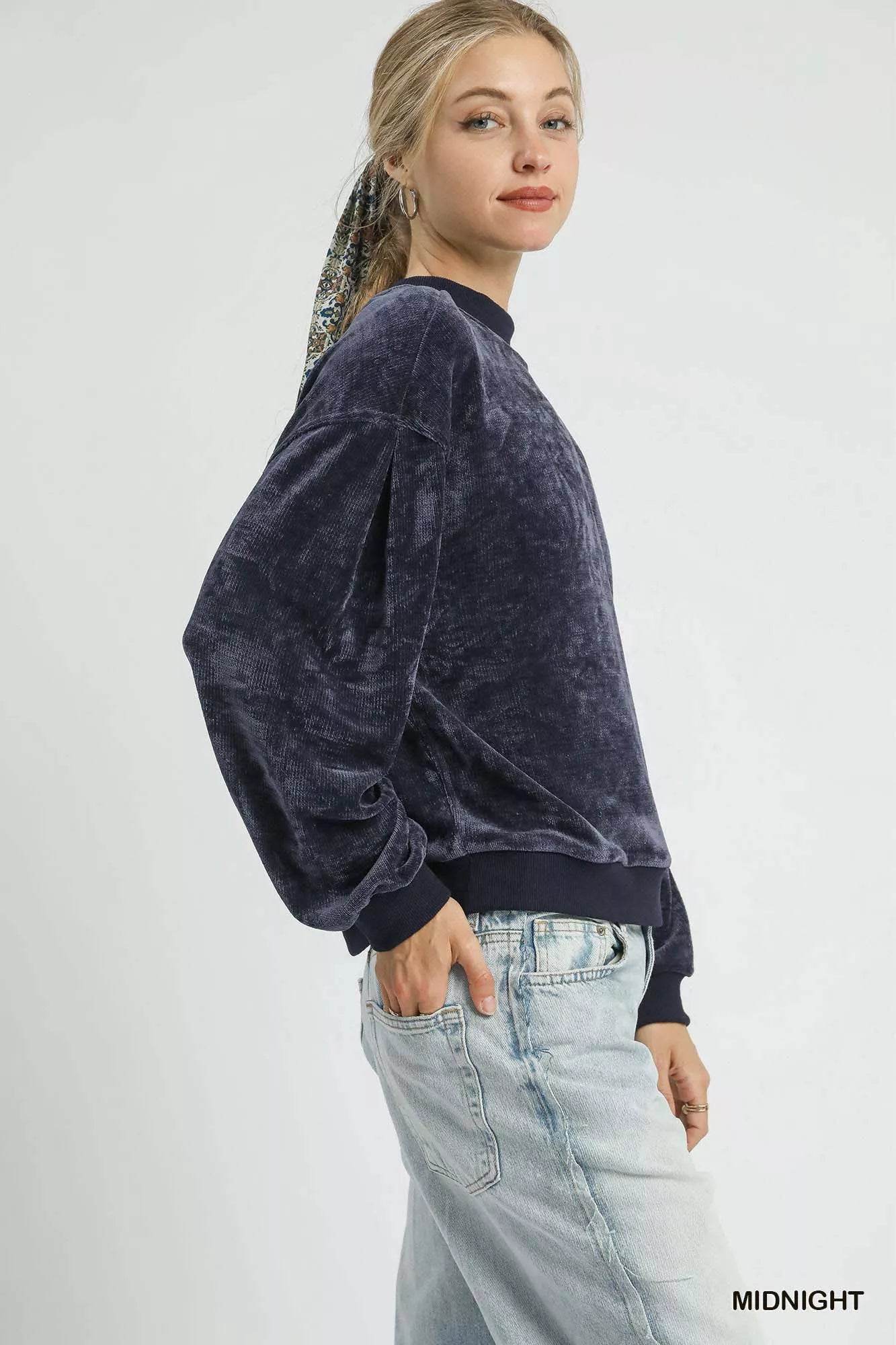 Umgee Velour Crewneck Balloon Sleeve Sweatshirt - ELY VESSA LLC