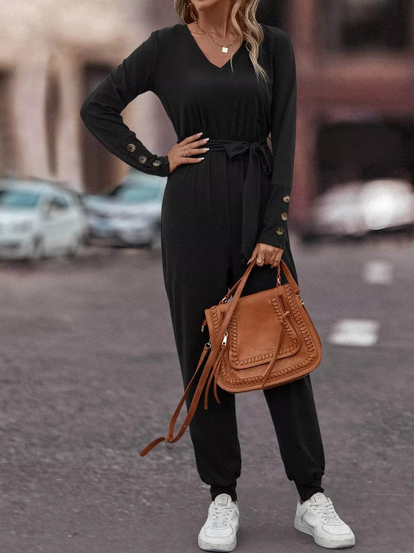 V-Neck Long Sleeve Tie Waist Jumpsuit - ELY VESSA LLC