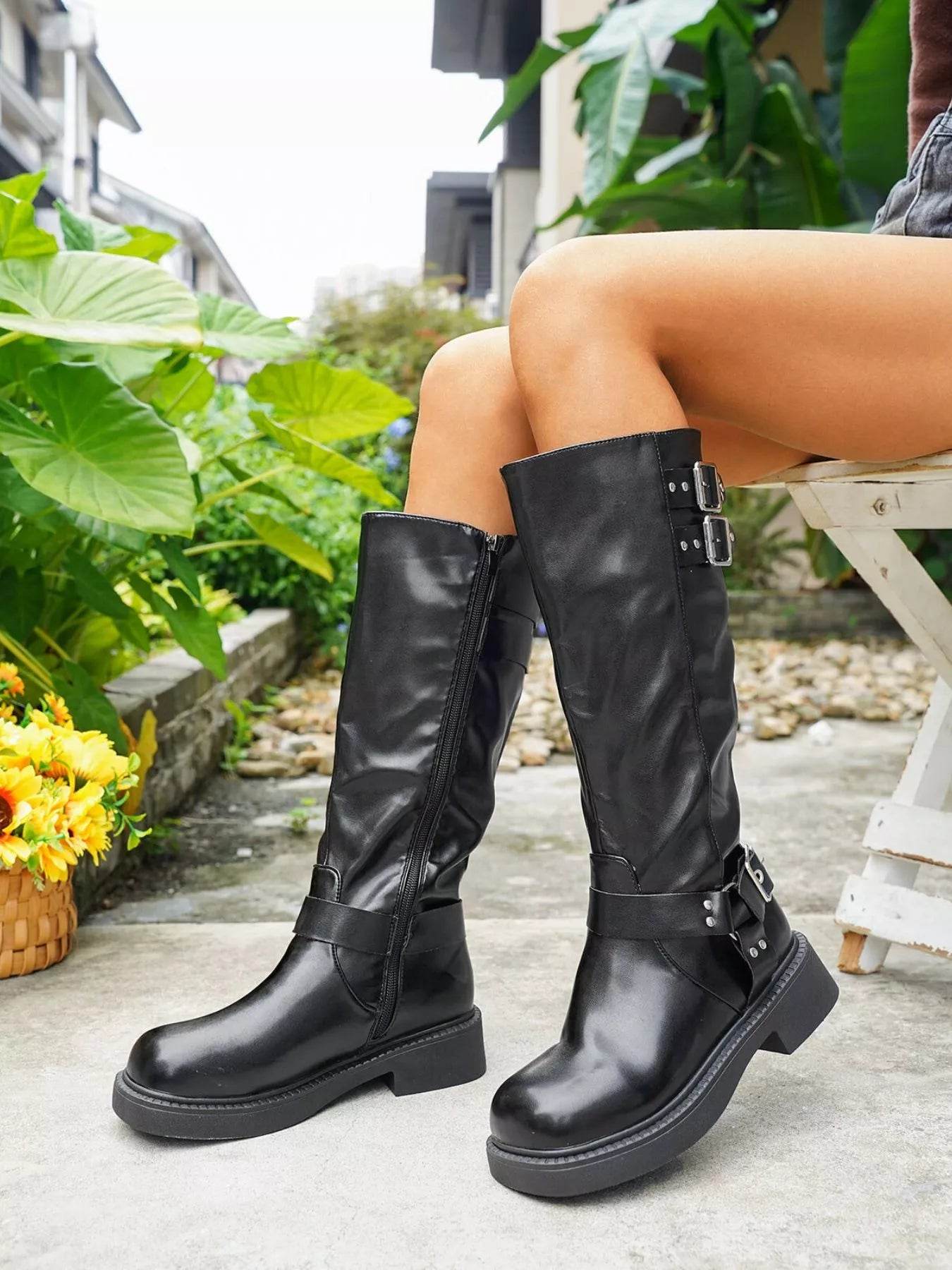 Round Toe Block Heels Boots - ELY VESSA LLC