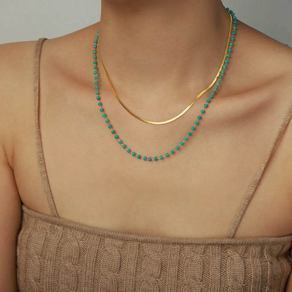 Turquoise Titanium Steel Double-Layered Necklace - ELY VESSA LLC