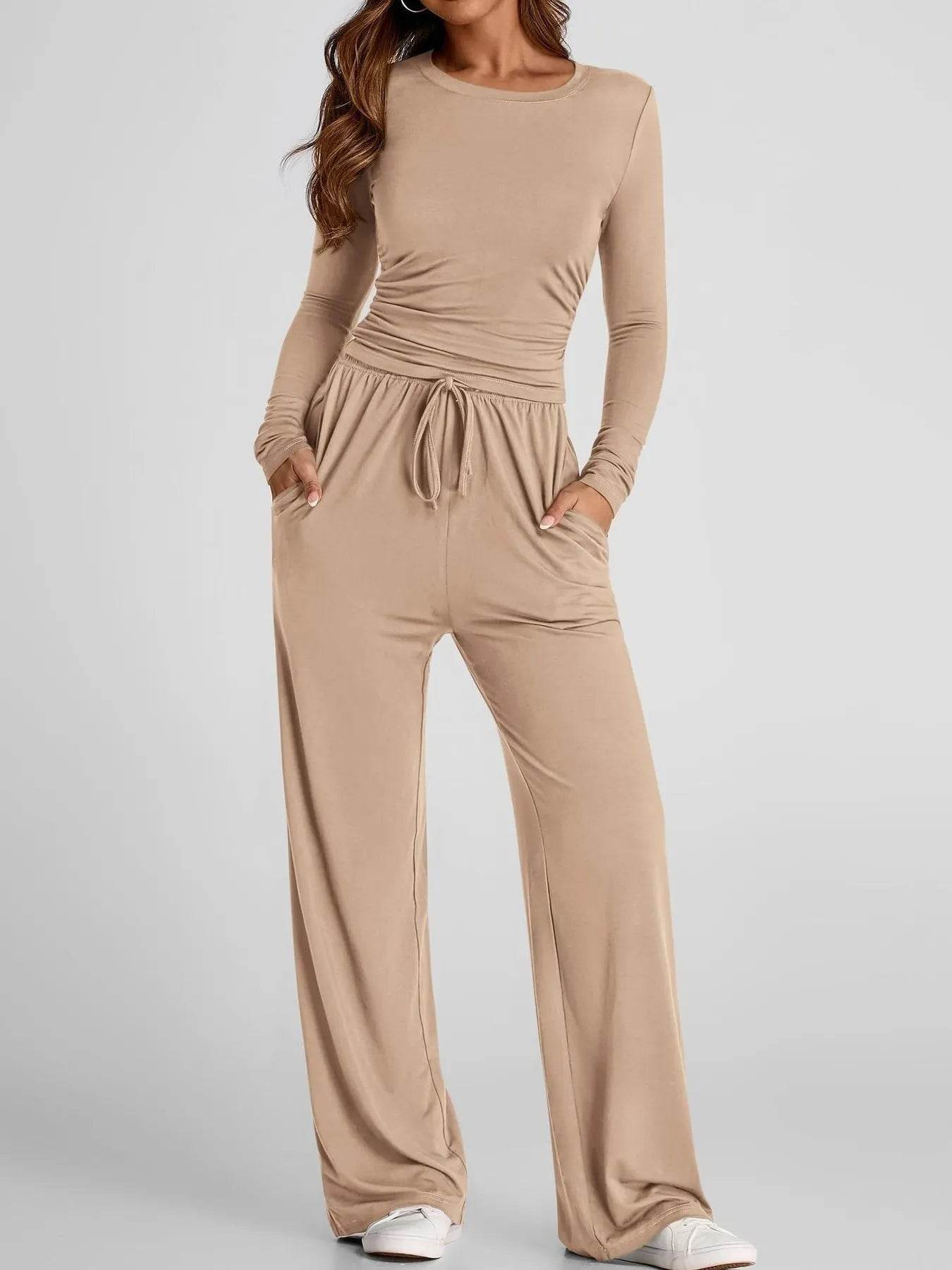 Round Neck Long Sleeve Top and Pants Set - ELY VESSA LLC