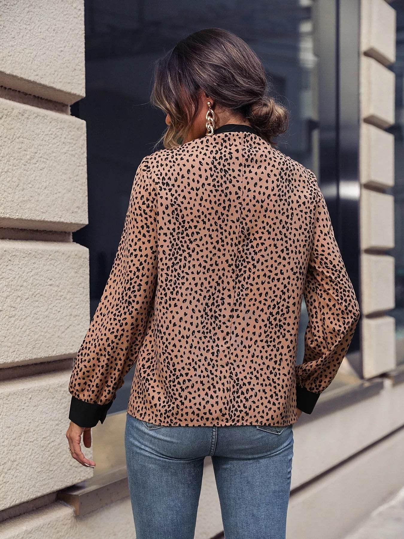 Animal Print Contrast Trim Tie Front Blouse - ELY VESSA LLC
