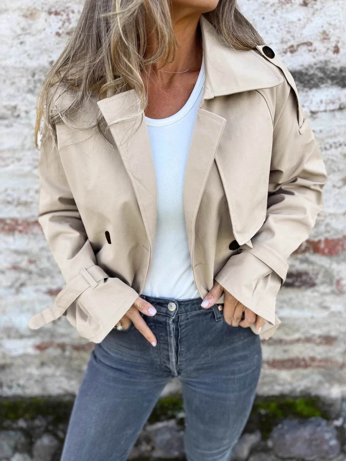 Full Size Long Sleeve Button Up Trench Coat Plus Size - ELY VESSA LLC