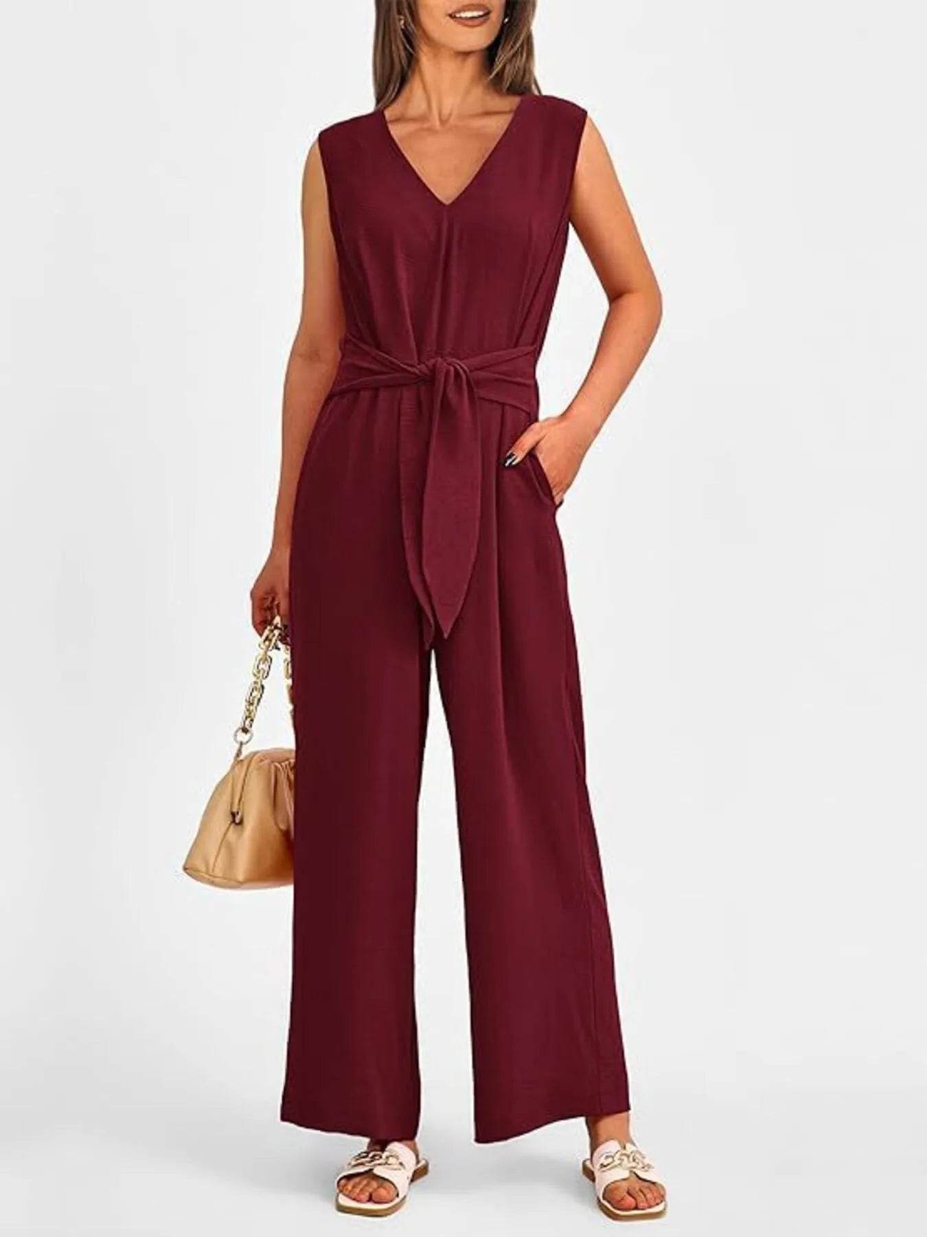 V-Neck Sleeveless Wide-Leg Jumpsuit with Waist Tie - ELY VESSA LLC